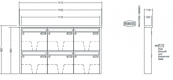 RENZ Briefkastenanlage Aufputz Tetro Kastenformat 370x330x100mm, 6-teilig